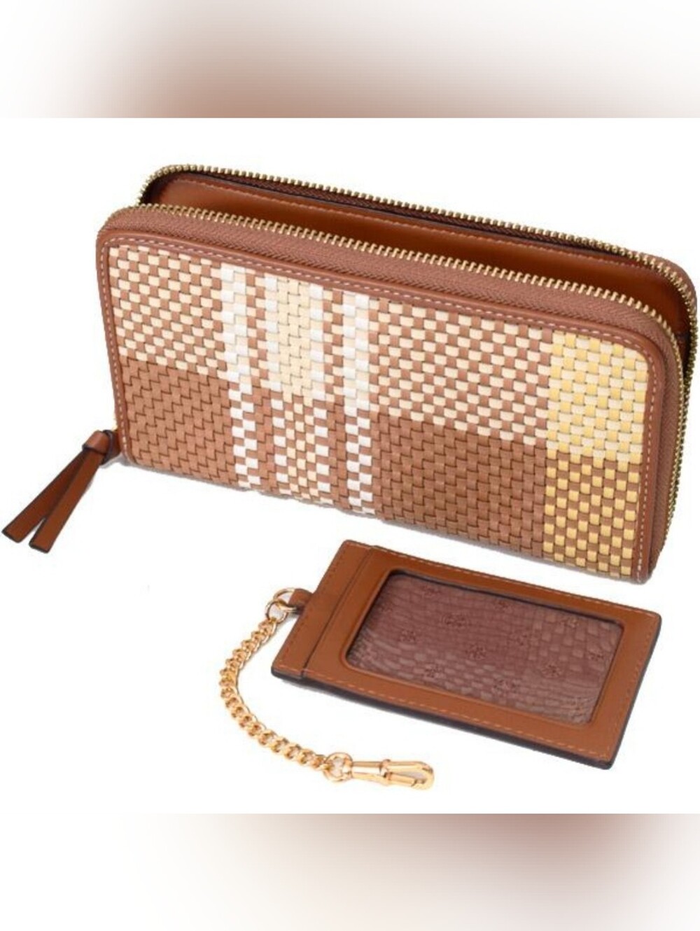 Tory Burch Woven Plaid Zip Around Wallet & Card Case Brown Multi Leather Gold To - Picture 2 of 6